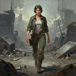 brutalist painting of a female landmate pilot walking across a cyberpunk wasteland, symmetrical face details, League of Legends Character Splash Art, League of Legends Project Universe,  Very highly detailed, 8K, octane, Digital painting, concept art, illustration, rule of thirds, sharp focus, centered, Zdzisław Beksiński