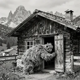 photography of an old alpine hut, hay monster crawling out the door, alp, dolomites, alpine, detailed intricate insanely detailed octane render, 8k artistic 1920s photography, photorealistic, black and white, chiaroscuro, hd, by David Cronenberg, Raphael, Caravaggio