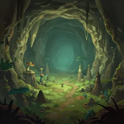 a cave landscape in made in abyss style art