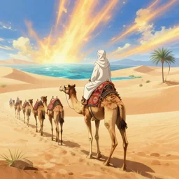 anime muslims journeying across the isekai desert on camel through an oasis, heatwaves anime aesthetic