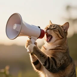 cat screaming into a megaphone it's holding in its paw. seen from the side. award winning photo at golden hour.