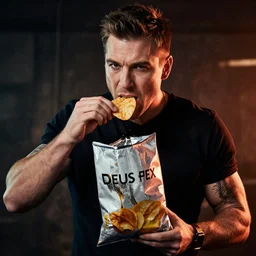 Award-winning photo of JC Denton from Deus Ex eating from a bag of chips, dynamic lighting