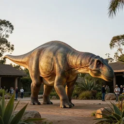 photograph of a real brontosaurus, san diego zoo, tourists, high definition, slr, photo realism, golden hour, detailed skin, 4 k