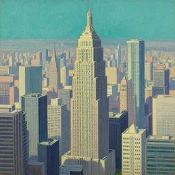 a painting of a city with tall buildings, an art deco painting by Kaii Higashiyama, featured on pixiv, retrofuturism, matte drawing, cityscape, matte painting