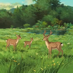 meadow with a few deers and a pond and background forest, evening, highly detailed, low angle view, studio ghibli, artstation