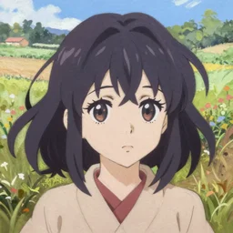 Painting of Velma Dinkley in the style of Violet Evergarden, beautiful anime art style, winged eyelashes, countryside, calm, fantasy character portrait, dark outlines, dynamic pose, above view, sunny day, artwork by Makoto Shinkai, very coherent asymmetrical artwork, sharp edges, perfect face, simple form, 100mm