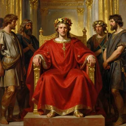 beautiful oil painting, steve buscemi in royal crimson robes enthroned as the god emperor of ancient rome surrounded by servants in gilded halls a golden wreath upon his head, by anders zorn, wonderful masterpiece by greg rutkowski, beautiful cinematic light, american romanticism, by thomas lawrence, greg rutkowski