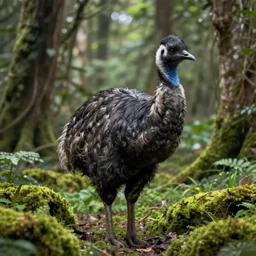 A human sized extinct Moa bird in a mossy forest, 4k