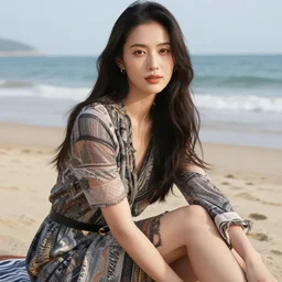 Woman with long hair sitting at the beach wearing stylish clothes, photograph, highly detailed, perfect face, high quality, trending 8k