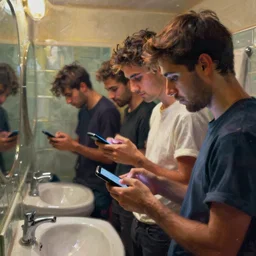 a beautiful picture by joram roukes of people looking at their phone in a bathroom, color bleeding, brushstrokes by jeremy mann