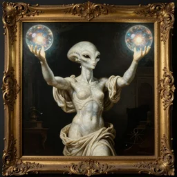 a marble statue of a futuristic aliens reaching through an ornately decorated framed painting, arms outstretched, hands holding big glowing orbs, pulp sci - fi art for omni magazine. high contrast. baroque period, oil on canvas. renaissance masterpiece,