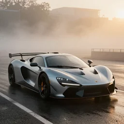 parked fantasy slick super car, fog, rain, volumetric lighting, beautiful, golden hour, sharp focus, highly detailed, cgsociety