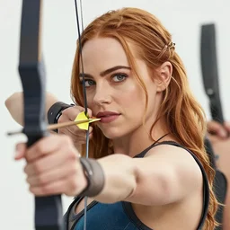 close-up face portrait of Emma Stone as a muscled warrior shooting a flaming arrow with her huntsmen bow, snowy winter scene, Donato Giancola, Mark Brooks, Ralph Horsley, Charlie Bowater, Artgerm, Christopher Balaskas, Bastien Lecouffe-Deharme, Boris Vallejo