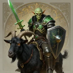 a mind - blowing portrait of a goblin chieftain, wearing a skeleton armor, green, sword and shield, riding a black goat, deep focus, d & d, fantasy, intricate, elegant, badass, highly detailed, digital painting, artstation, concept art, matte, sharp, illustration, hearthstone, art by artgerm and greg rutkowski and alphonse mucha