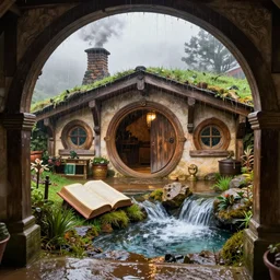 inside a medieval hobbit home, ornate, beautiful, atmosphere, vibe, mist, smoke, chimney, rain, spell - book, wet, pristine, puddles, waterfall, clear stream, bridge, forest, flowers, concept art illustration, color page, 4 k, tone mapping, doll, akihiko yoshida, james jean, andrei riabovitchev, marc simonetti, yoshitaka amano, digital illustration, greg rutowski, volumetric lighting, sunbeams, particles, artgerm