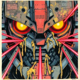 risograph grainy painting of gigantic huge evangelion - like complicated agundam mech face with a lot of details and lasers covered ooze, by moebius and dirk dzimirsky and satisho kon, close - up wide portrait