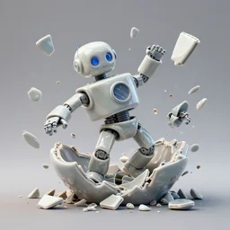 dissection of crazy ceramic exploding miniature toy Figure Robot scientist falling apart 8K, zbrush, c4d, in a Studio hollow, surrounded by flying parts, from avengers, explosion drawing, bouguereau
