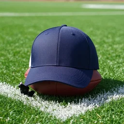 a football wearing a baseball cap in the middle of a football field, 8 k hdr, dynamic lighting, close up shot
