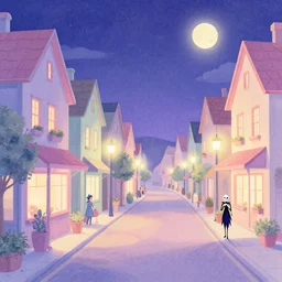 curved perspective digital art of a summer night small town street pastel colors from tim burtons nightmare before christmas by petros afshar