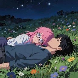 beautiful girl, with pink hair and glasses, with black hair boyfriend, laying under the stars, in an open field full of flowers, night time, sharp focus, intricate, digital painting, artstation, official media, anime key visual, highly detailed, rich vivid colors ambient lighting, illustration, art by Artgerm, Makoto Shinkai, Ilya Kuvshinov, Lois Van Baarle and Rossdraws