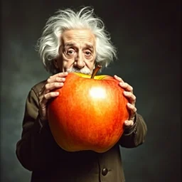 albert einstein holding a giant apple