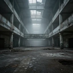 abandoned liminal mall, low lighting, dim, lonely, fog, perfectly symmetrical, photorealism, detailed