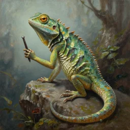 detailed 3 / 4 oil painting of a lizard alchemist, antho fantasy race