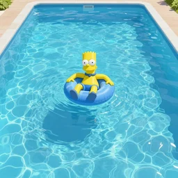 a massive swimming pool with a small inflatable bart simpson floating in the center