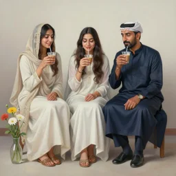 full body portraits, people having chai, happy, flowers, absurdly beautiful, elegant, realistic ultrafine hyperrealistic detailed painting by salman toor, intricate linework, sharp focus, bright colors, matte, unreal engine highly rendered, global illumination, radiant light, intricate environment