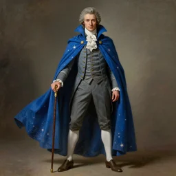 a mage with a blue cape, stars, sincere, modern maximalist suit, is ( ( holding a cane ) ). light dust, magnificent, hyperdetailed, theatrical, painted by jean honore fragonard and greg rutkowski