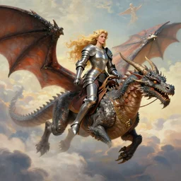 painting of a Beautiful Queen with long blonde hair wearing silver armor riding on a Large mighty dragon flying through the clouds Retro vintage. Rembrandt lighting , Julie bell style ,digital art, trending on Artstation 4k