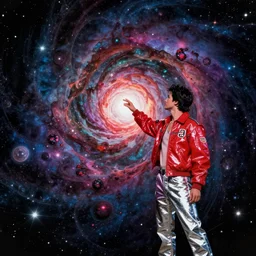 man wearing 9 0 s plastic jacket and chrome pants reaching toward interdimensional wormhole at the center of a fractal nebula, rembrandt lighting, in the style of an akira movie poster