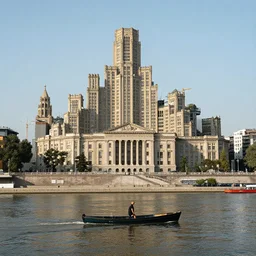 a man on a small boat on a river with fractal city by mandelbrot neoclassical architecture, ancient high buildings, vertical classical temples, leica sl 2 3 5 mm