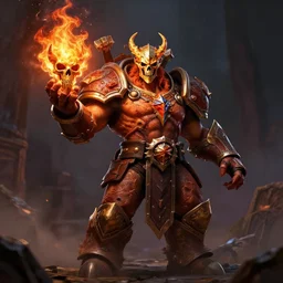 ragnaros the firelord wielding burning skull as a mask, full body 8 k