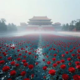 vanishing point, palace like the the forbidden city in distance on a lake is covered with aqua red roses, viewed from afar, stephen bliss, misty, unreal engine, fantasy art by greg rutkowski, loish, ferdinand knab, and lois van rossdraws,, global illumination, radiant light, minimalist, detailed and intricate environment