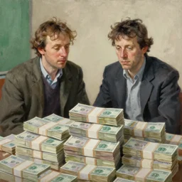 two men and many stacks of money highly detailed oil painting by francis bacon, edward hopper, adrian ghenie, glenn brown, soft light, 4 k, green beige