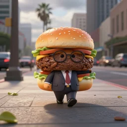 a hamburger with a business suit as nendoroid walking along a luxurious sidewalk in the city of los angeles in the cloudy with a chance of meatballs movie style, anime, disney, pixar, 8 k, hd, dof, kodak film, volumetric lighting, subsurface scattering, photorealistic, octane render, details