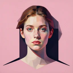 artist. portrait. bauhaus, angular, geometric, symmetrical. pink color theme. flat, solid background.