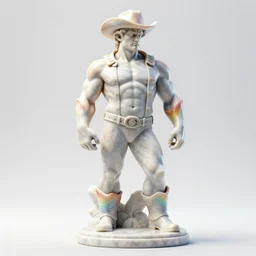stylized rainbow bismuth ornate statue full body made of marble of brawny burly surly cowboy, perfect symmetrical body, perfect symmetrical face, hyper realistic, hyper detailed, by johannen voss, by michelangelo, octane render, blender, 8 k, displayed in pure white studio room