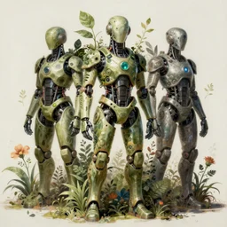 a fine hyper detailed painting of hybrid cyborgs made of cybernetic material and leaves plants woods and flowers, new synthesis and symbiosis in search of a new balance and learning, full color vibrant reflective tech tribal art