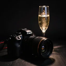 canon camera. complete darkness. backlit champagne glass. one small light source. chiaroscuro. manual focus. raw