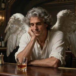 hyper detailed ultra sharp of a beautiful deeply wistful grown male gray - haired angel with big wings sitting alone in the old bar with glass of whiskey, art by jack vettriano. trending on artstation, hyper detailed, digital art, cinematic lighting, 8 k
