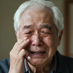 photograph of old man crying, tears, white hair