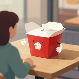an anthropomorphic takeout box, arguing with a customer