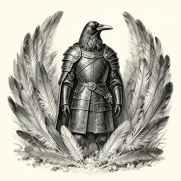 a crow in armour surrounded by a reef of feathers, pencil and ink, very detailed, greg rutkowski and alphonse mucha,
