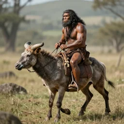 a neanderthal riding an animal