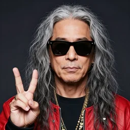 portrait of a rockstar with long gray hair and wearing sunglasses, slightly curly hair, doing the peace sign, rich vivid colors, vibrant, highly detailed, sharp focus