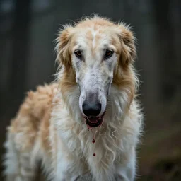 borzoi with a giger face hugger on its bloody nose, photorealistic, fantasy, moody, ultradetail