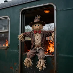 a scarecrow is sitting in a train carriage. the train is on fire folk horror
