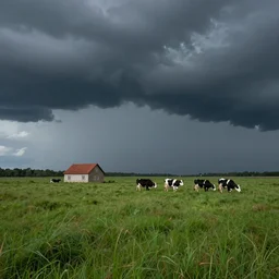 a grassy landscape with a singular house and five cows during thunderstorm, dark sky, volcano in the background, dark colored background, hyperdetailed, hyperrealistic, award winning professional photograph, 8 k